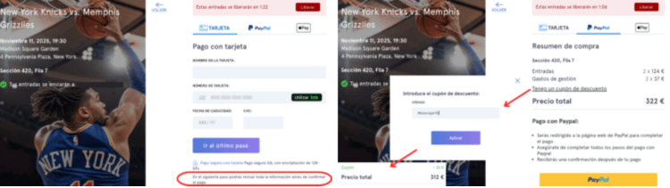 pago tarjeta y PayPal a Hellotickets con código descuento