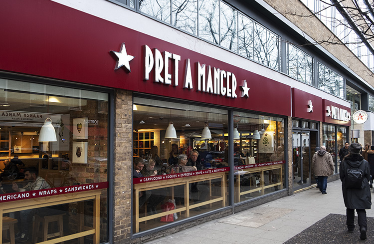 Exterior del Pret a Manger un restaurante donde comer en Londres