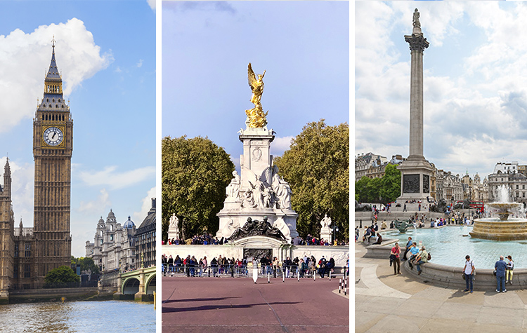 Foto combinada: Big Ben, memorial Buckingham Palace y Trafalgar Square