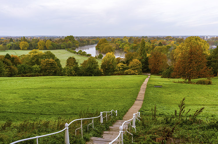 Vista desde Richmond Hill Viewpoint hacia el río, praderas y árboles