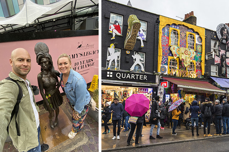 Imagen combinada de Camden: Calle High St y Gosi y Adri con Ła estatua de Amy Winehouse