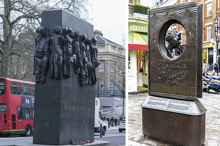 Doble imagen: Monumento memorial a las mujeres de la Segunda Guerra Mundial  y memorial a Agatha Crhristie