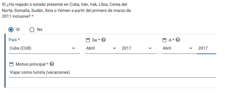 pregunta sobre Cuba en el ESTA