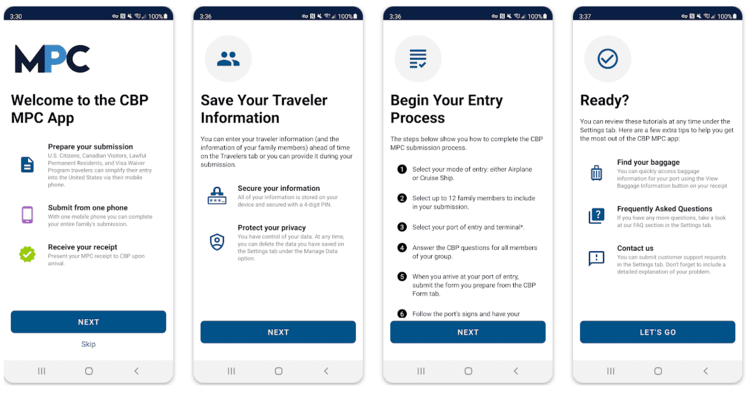 pantallazos que muestran cómo funciona la aplicación Mobile Passport Control para pasar la aduana de Estados Unidos -parte 1