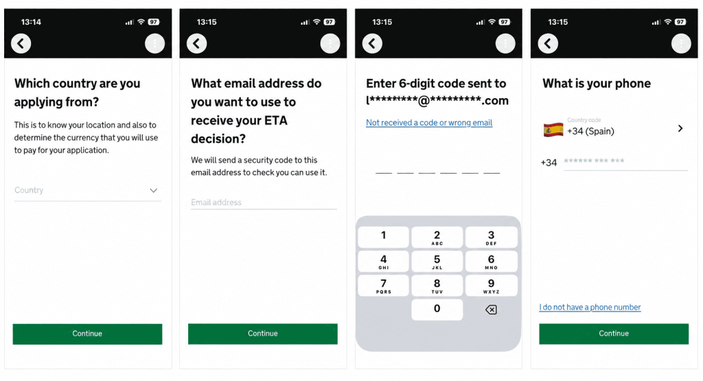 pantallazos App ETA Reino Unido Londres: mail, país, teléfono