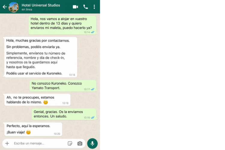 conversación con hotel sobre envío de maletas en Japón